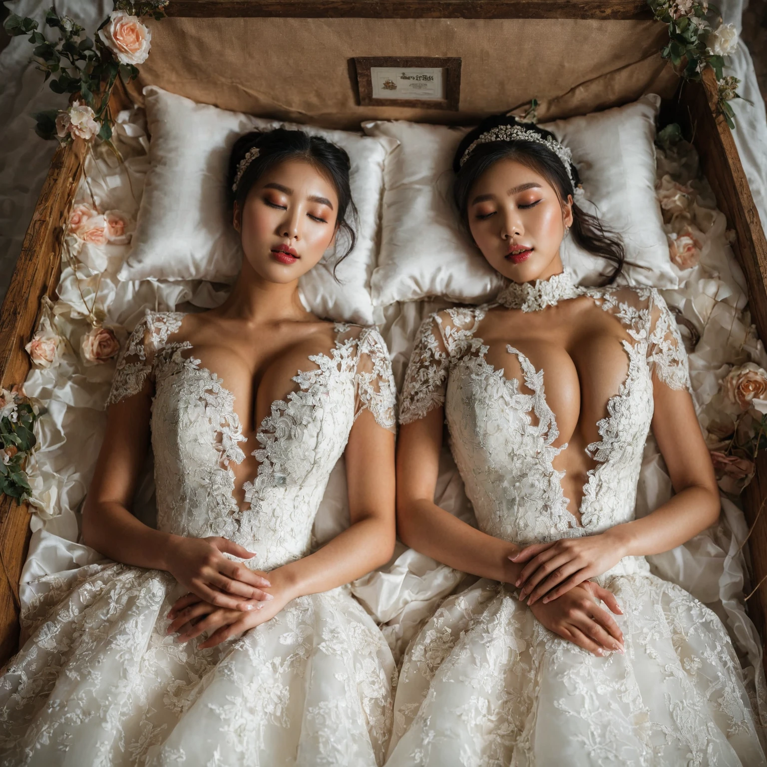 A provocative and sensual image unfolds before us. Two Korean girls, 22 years old, lie asleep in a deep, black coffin surrounded by plush pillows. They wear see-through wedding dresses with lace details, off-shoulder designs, sleeve, and huge skirts that cascade around their bodies. The dresses are cut low to showcase their beautiful breasts, fixed with a subtle cleavage cutout. Their faces are flawless, with perfect eyebrows, eyelashes, and skin tone. One girl's hair is styled in a ponytail with bangs framing her face, while the other has a bun adorned with wisps of hair framing her closed eyes. The overall atmosphere is one of intimacy and sensuality, with saturated colors enhancing the mood. Note the visible breasts and perfectly manicured hands that peek out from beneath the skirts, which are strategically covered to conceal their legs, ba11g0wn