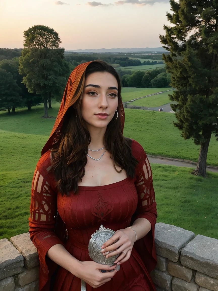 Beautiful and regal, imperious and aloof, busty athletic (thin) brunette queen with sharp facial features wearing a modest updo, dark red medieval dress, long sleeves, intricate patterns, scrollwork, wide neck, crown, veil, long dress, tight bodice, (silver waist chain), medieval jewelry, Middle Ages, castle, rampart, wall, exterior, on top of a castle wall, trees, countryside, evening, sunset.