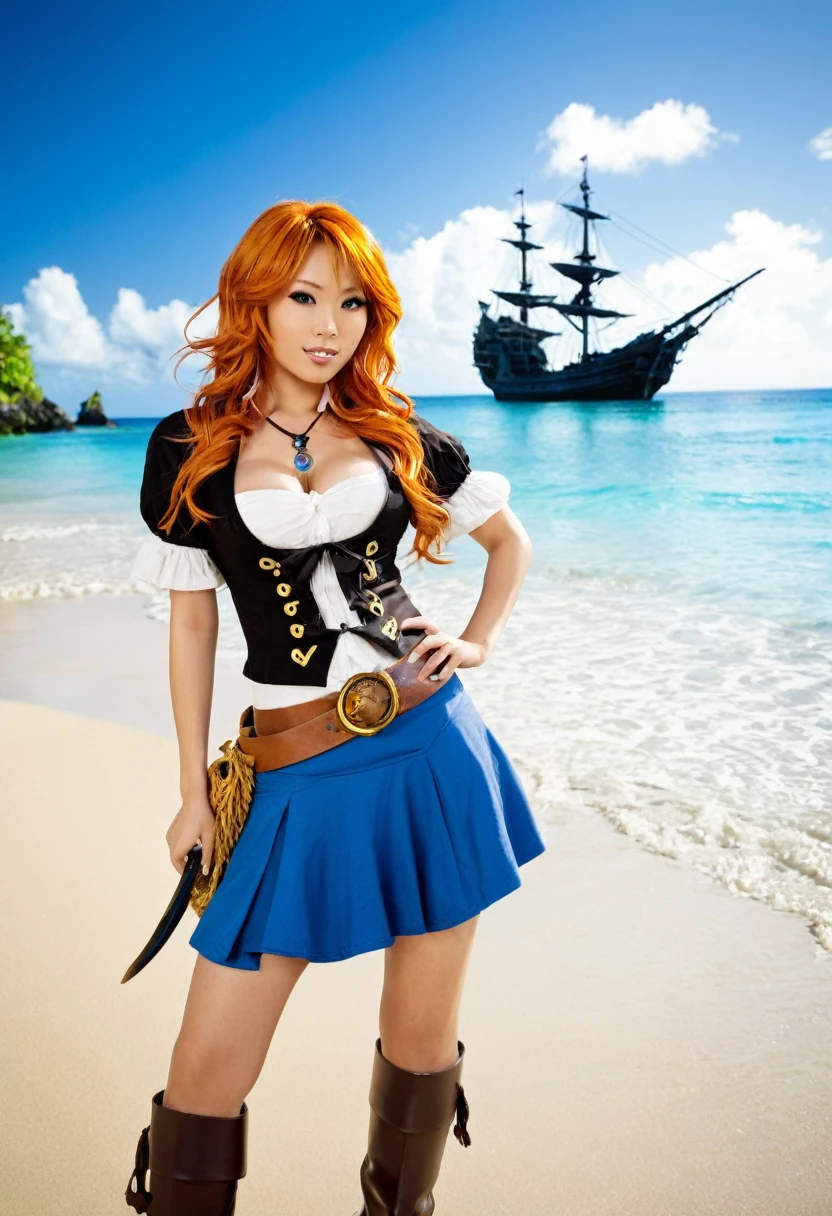 Sexy asian woman, big boob, big breasts, Sure! Here’s a detailed prompt for generating an image of a character resembling Nami from One Piece, with some unique characteristics to differentiate it:

---

"Create an image of a young woman with long, orange hair styled in loose waves, wearing a stylish pirate outfit. She has a confident and adventurous expression. She is holding a detailed map and a staff with a blue orb at the top. Her outfit includes a short blue skirt, a white top, and brown boots. She has a tattoo of a small blue swirl on her left shoulder. The background features a sunny, tropical beach with a pirate ship anchored in the distance.