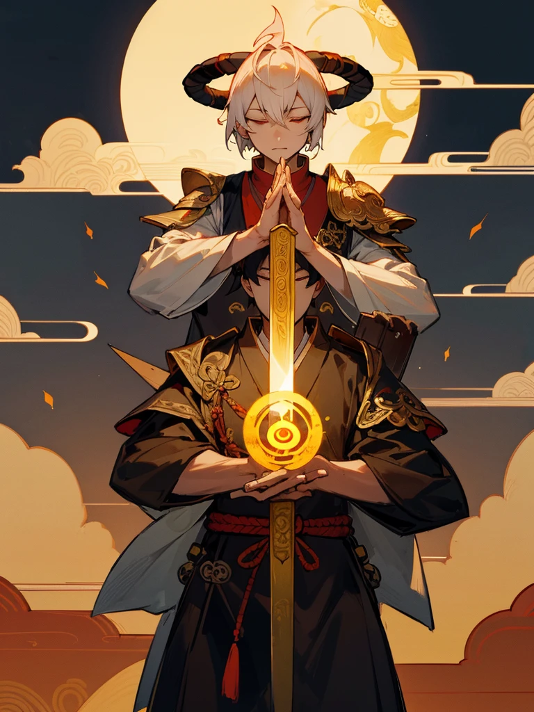 Buddha, evil eye, horn, white short hair, black armor, tori ready, man, full moon, hands together in prayer, Zen meditation golden lion Chi Japanese sword