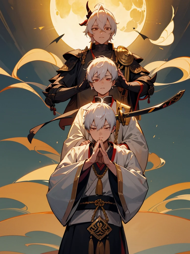 Buddha, evil eye, horn, white short hair, black armor, tori ready, man, full moon, hands together in prayer, Zen meditation golden lion Chi Japanese sword