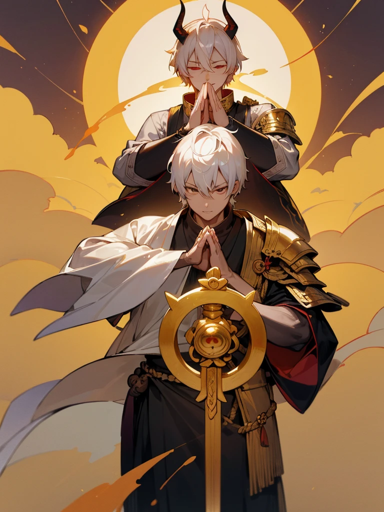 Buddha, evil eye, horn, white short hair, black armor, tori ready, man, full moon, hands together in prayer, Zen meditation golden lion Chi Japanese sword