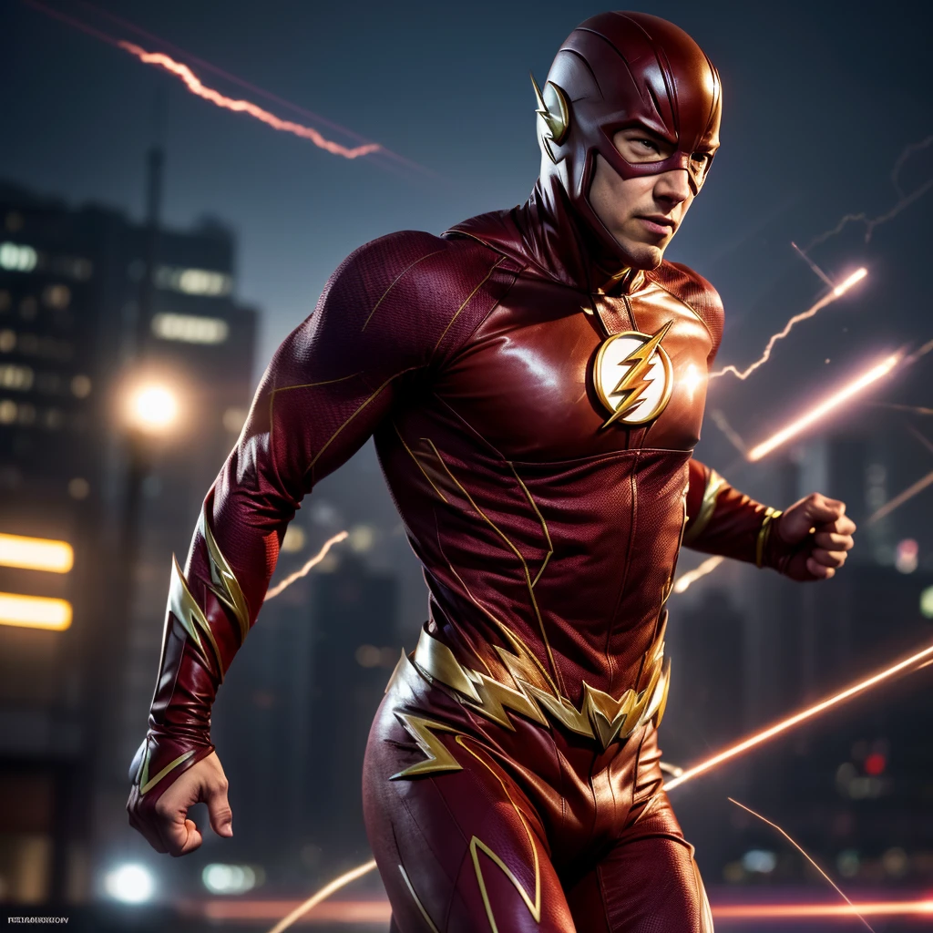 a superhero,the flash,running at superhuman speed,detailed muscles,dynamic pose,realistic lighting,cinematic angle,depth of field,vibrant colors,4k,8k,highres,masterpiece,photorealistic,ultra-detailed,sharp focus,physically-based rendering,vivid colors,bokeh