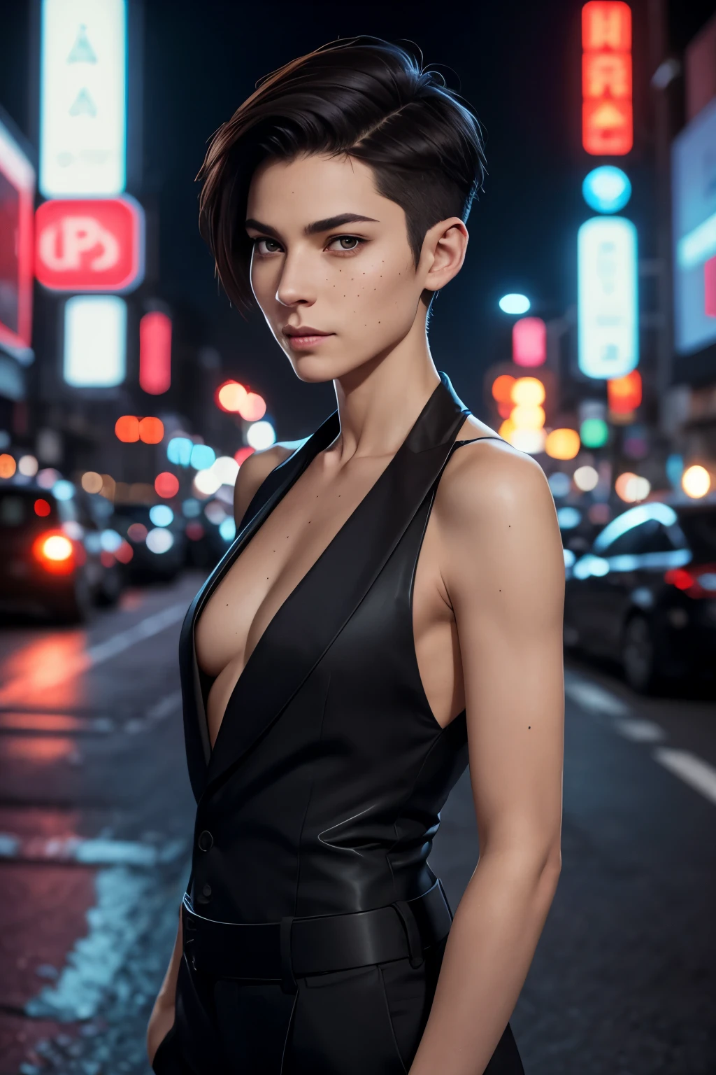 A happy 40 years old woman with an undercut. In an agent thriller setting. Very androgynous looking. In a good mood. Happy. Kind. Friendly. Tomboyish. Androgynous. Slim masculine body. Very . Very small . Wide hips. Thick legs. Face: Extremly pale skin with liverspots and freckles. Soft narrow face with a round chin. Soft small jaw. Big forehead. Very thin barely visible eyebrows. Upturned big dark-brown eyes. Dark-brown eyecolour. Very long and wide nose. Big curved lips. Very short dark-brown hair. A boyish short haircut. Undercut. Sides shaved. Wearing a black suit. In a neon city at night.