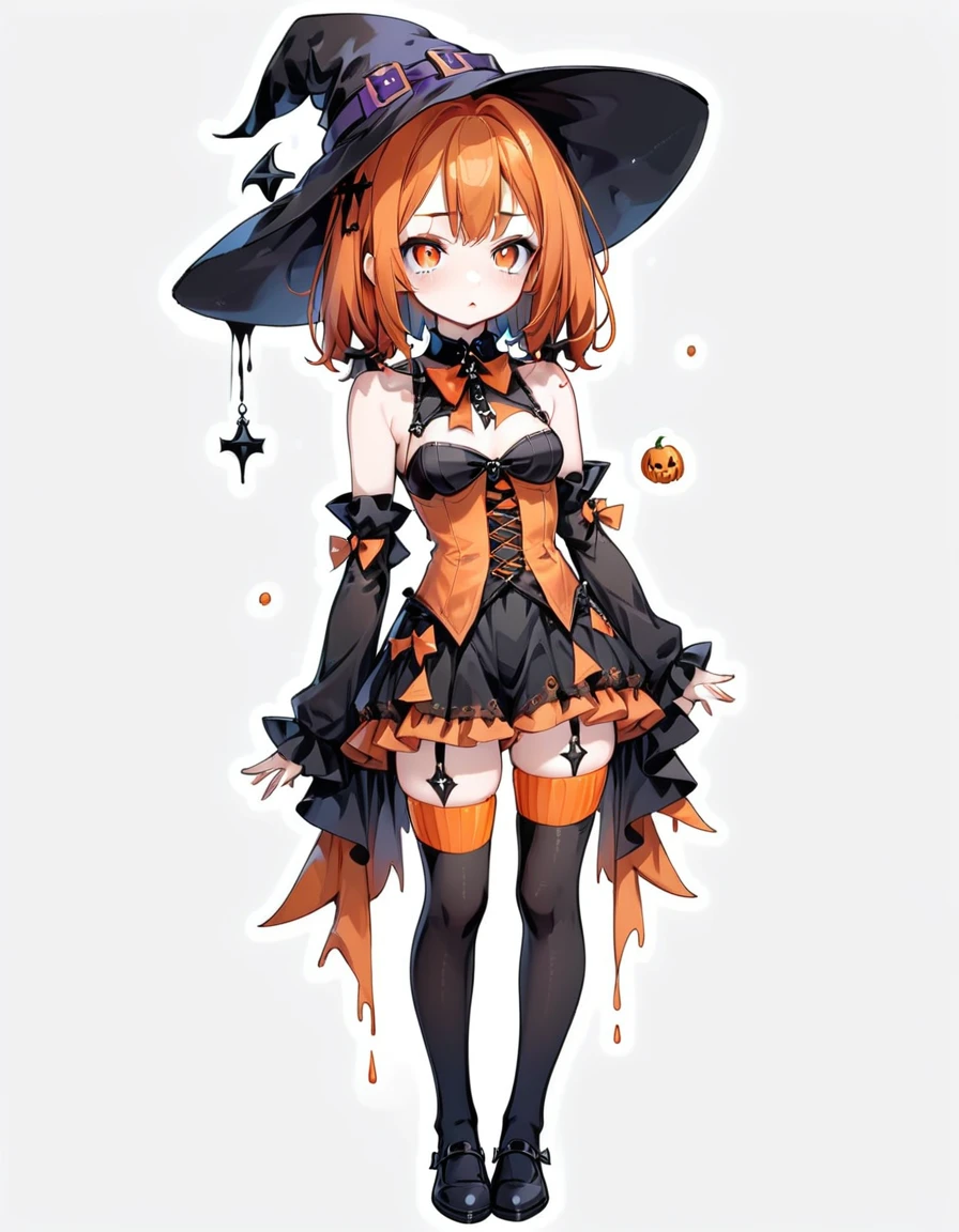 Cute girl, bright orange and dark black, thigh-high socks, gothic style, small bust, witch's clothes, simple background, front view, cowboy shot, standing, {{blushing}}, expressionless, {{loli}}, orange hair,