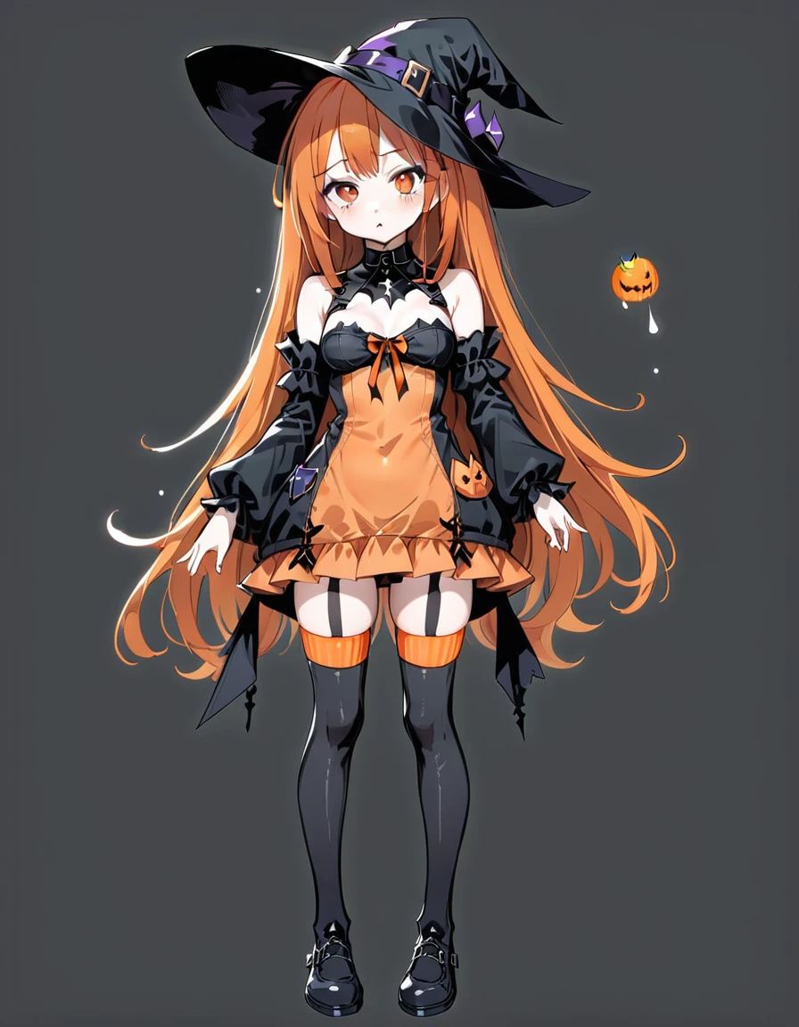 Cute girl, bright orange and dark black, thigh-high socks, gothic style, small bust, witch's clothes, simple background, front view, cowboy shot, standing, {{blushing}}, expressionless, {{loli}}, orange hair,