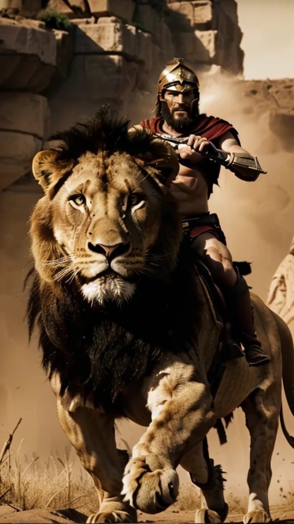 arafed man riding a lion with a sword and a helmet on, the man riding is on the lion, lion warrior, biblical epic movie, aslan the lion, scene from live action movie, maximus jacobs, epic vfx shot, lord of the jungle, still from a live action movie, epic action scene, lions, in screenshot from the 300 movie