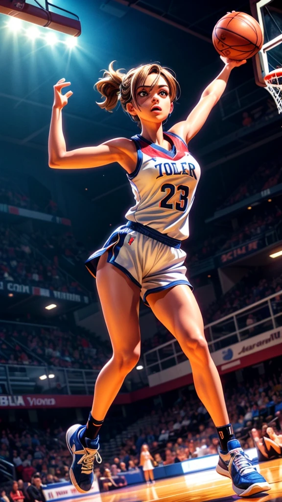 a beautiful girl basketball player, performing a powerful dunk shot, dramatic basketball court scene, extremely detailed face and body, beautiful eyes and lips, dynamic action pose, realistic 3D rendering, cinematic lighting, vibrant colors, photorealistic, masterpiece, 8k, hyper detailed