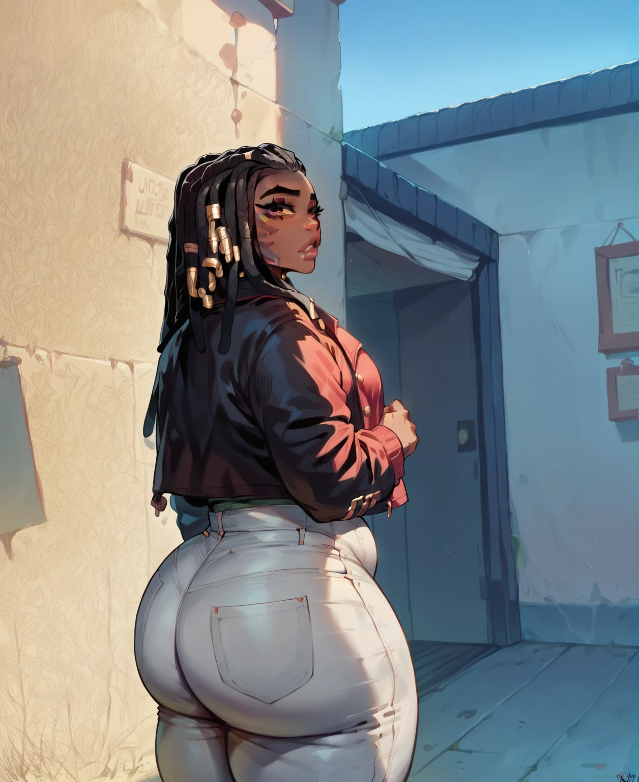 (best quality, masterpiece),An dark skin woman with dreadlocks in grey jeans and a black/red jacket standing outside, skinny waist and thick hips, thick thighs, thicc, thick, thick body, big booty, thick thigs, beautiful thick female, she has a jiggly fat round belly, largest haunches ever, large thighs, wide hips, great proportions, widest hips, insanely inflated hips