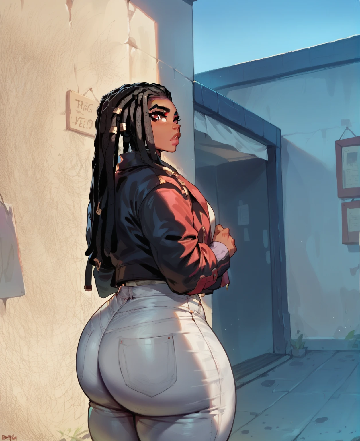 (best quality, masterpiece),An dark skin woman with dreadlocks in grey jeans and a black/red jacket standing outside, skinny waist and thick hips, thick thighs, thicc, thick, thick body, big booty, thick thigs, beautiful thick female, she has a jiggly fat round belly, largest haunches ever, large thighs, wide hips, great proportions, widest hips, insanely inflated hips