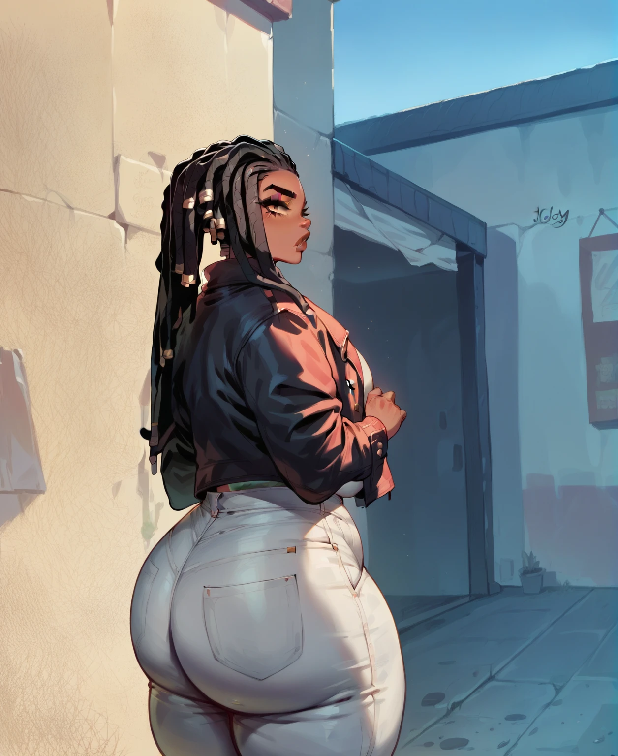 (best quality, masterpiece),An dark skin woman with dreadlocks in grey jeans and a black/red jacket standing outside, skinny waist and thick hips, thick thighs, thicc, thick, thick body, big booty, thick thigs, beautiful thick female, she has a jiggly fat round belly, largest haunches ever, large thighs, wide hips, great proportions, widest hips, insanely inflated hips