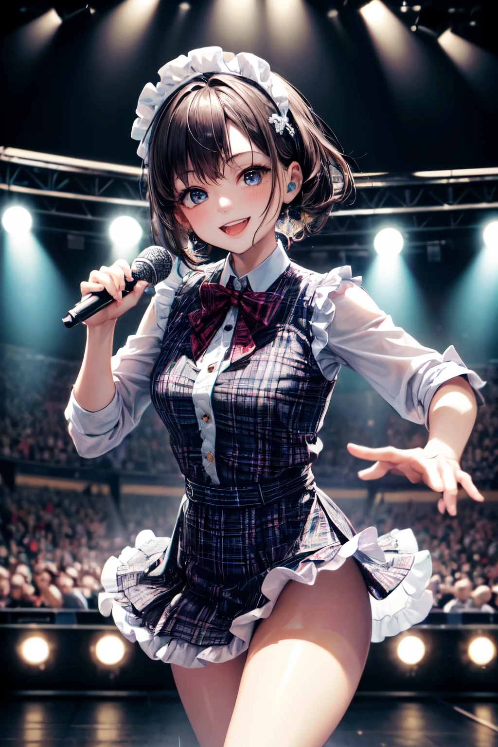 very cute and beautiful girl,(highly detailed beautiful face and eyes),(smile:1.2),happy,
black hair,looking at viewer,dancing,singing,beautiful legs,cowboy shot,
idol costume like AKB48,akiba idol with detailed frills,plaid vest,
live stage,concert hall,spot light,
(best quality,masterpiece),absurdres,highres,ultra-detailed,extremely detailed,32k,8k resolution,
intricate details,cinematic scene,detailed background,solo,dynamic angle,perfect hands,beautiful hands,