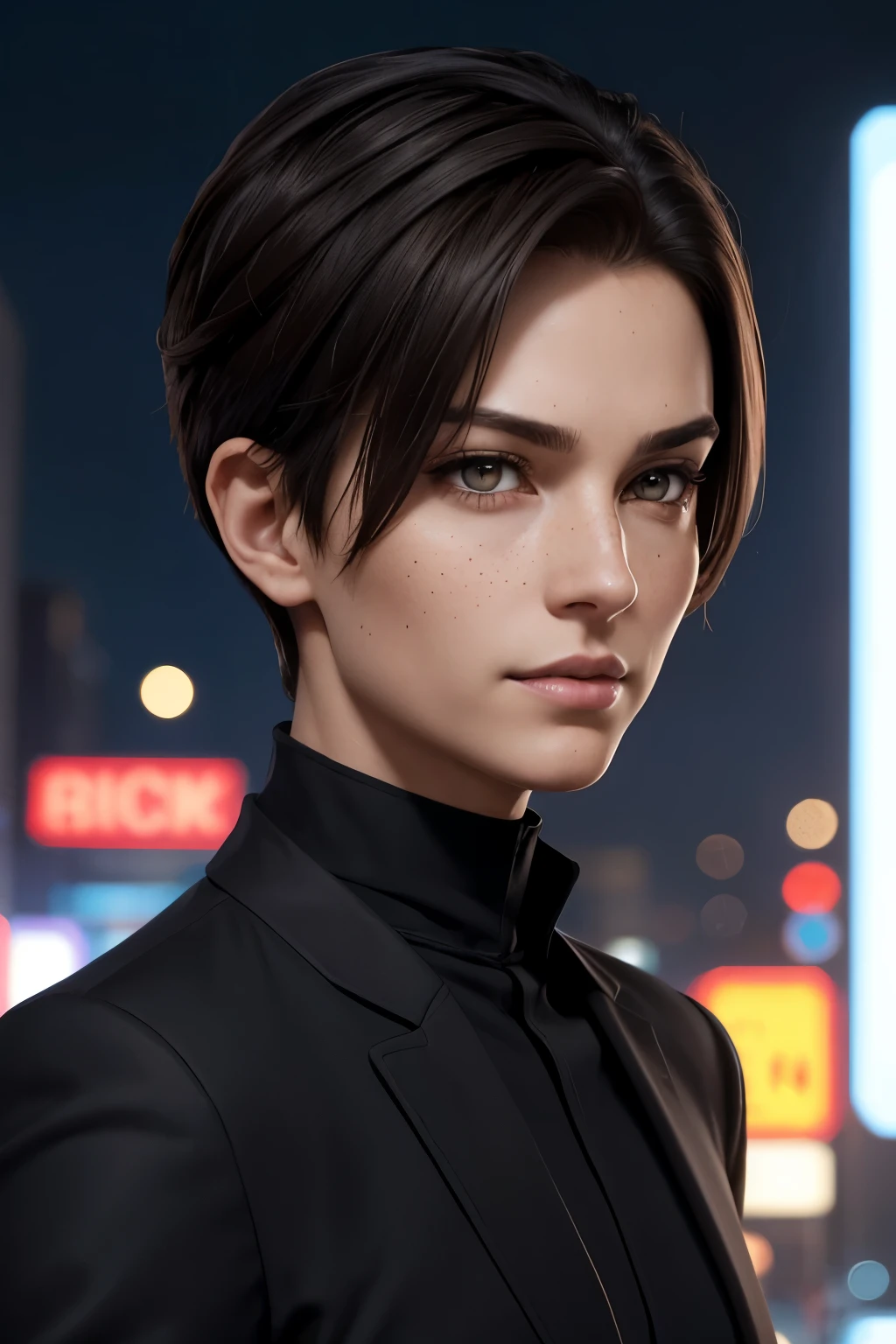 A happy 40 years old woman with an undercut. In an agent thriller setting. Very androgynous looking. In a good mood. Happy. Kind. Friendly. Tomboyish. Androgynous. Slim masculine body. Very . Very small breasts. Wide hips. Thick legs. Face: Extremly pale skin with liverspots and freckles. Soft narrow face with a round chin. Soft small jaw. Big forehead. Very thin barely visible eyebrows. Upturned big dark-brown eyes. Dark-brown eyecolour. Very long and wide nose. Big curved lips. Very short dark-brown hair. A boyish short haircut. Undercut. Sides shaved. Wearing a black suit. In a neon city at night.