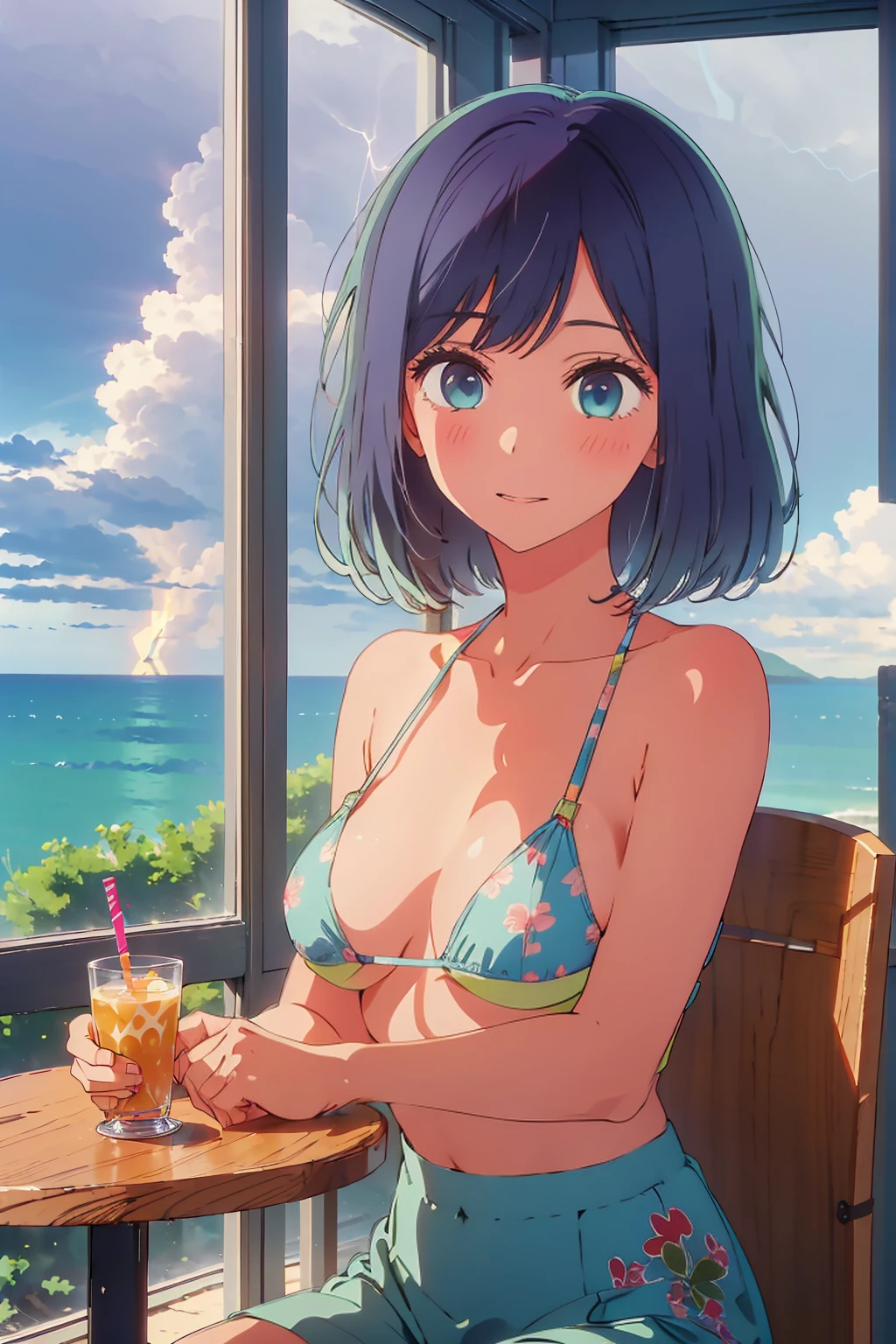 (Highest quality:1.4、masterpiece:1.4、Super detailed:1.4、8K:1.4)、((((1 person、Surprised expression、sit、Indoor cafe terrace、coastal、juice、table、Sandy Beach、juiceのグラスを持つ、Micro Bikini、Very soft boobs、Big eyes、Very cute face))))、(with a thunderstorm:1.4)、F cup bust、Medium breast、Underboob