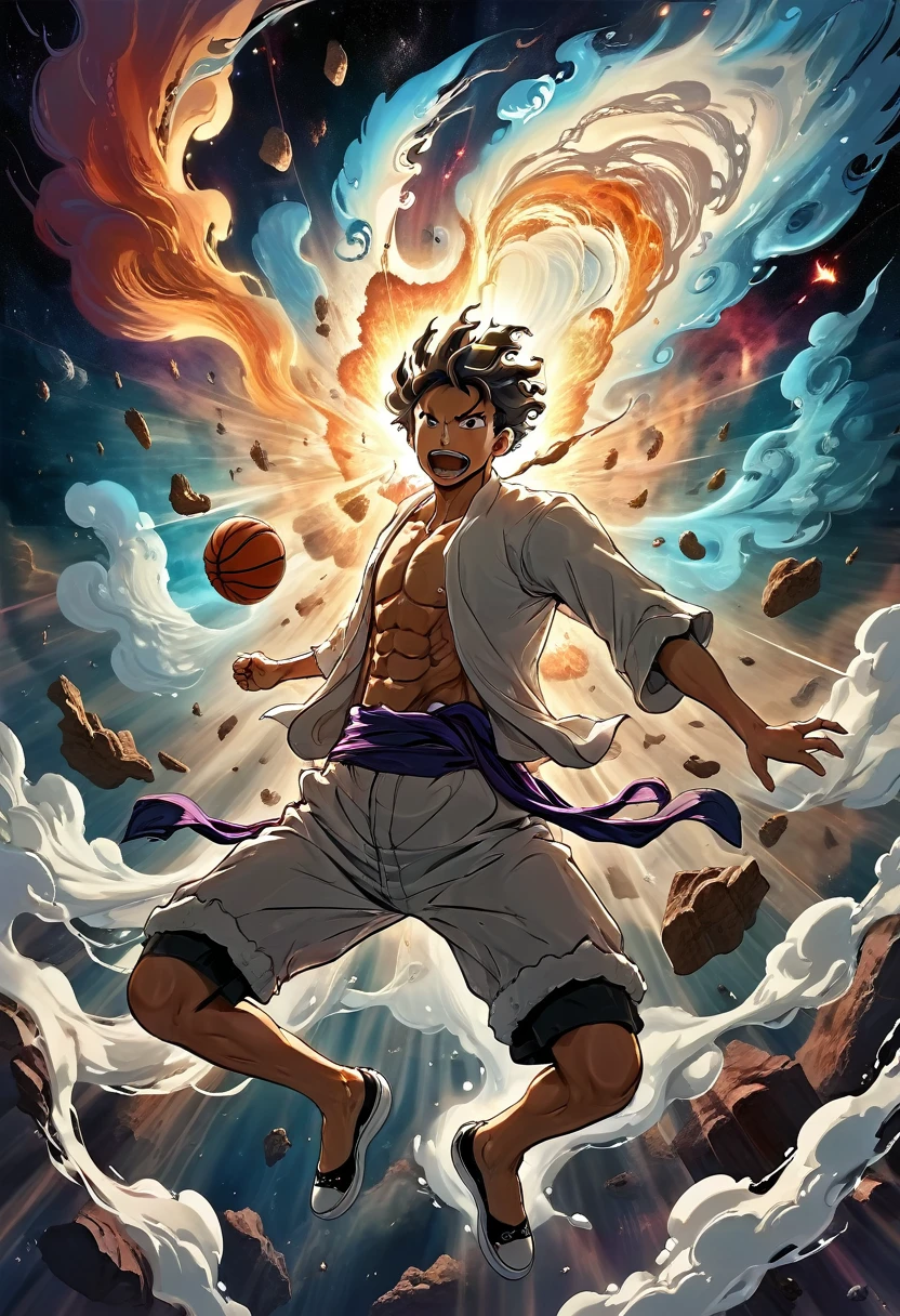 Create an expressive painting depicting (\lu fei wu dang\) dunking，portrayed as an explosion of a nebula. dynamic and powerful pose, mid-dunk, . The overall scene should convey a sense of energy, motion, and grandeur, xianxia