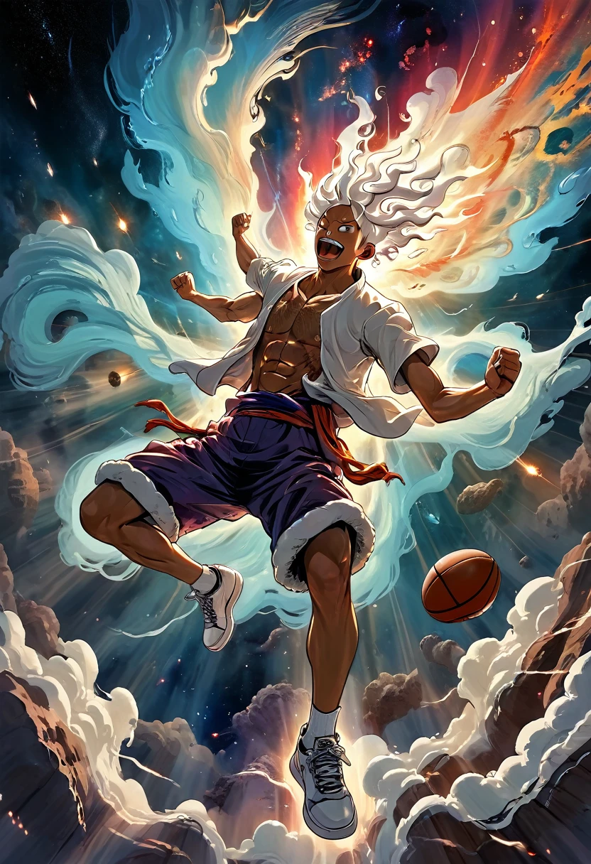 Create an expressive painting depicting (\lu fei wu dang\) dunking，portrayed as an explosion of a nebula. dynamic and powerful pose, mid-dunk, . The overall scene should convey a sense of energy, motion, and grandeur, xianxia