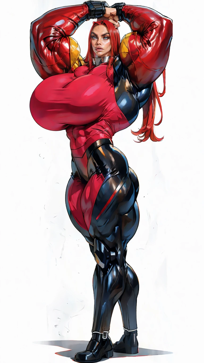 (beautiful girl:1.25), (megan fox:1.25), (large fake breasts:1.45), (young bodybuilder girl wearing cybernetic muscle suit:1.25), (huge muscular arms:1.25), seductive face, mouth wide open carnage style, long red hair, perfect muscular body, super skinny legs, sissy, femboy, (full body view:1.25),