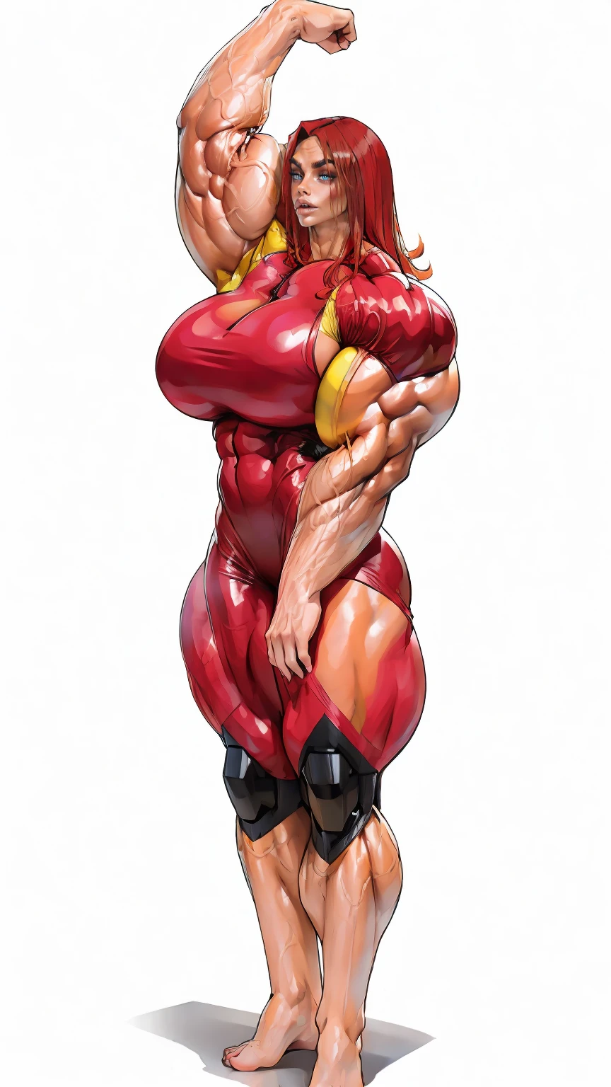 (beautiful girl:1.25), (megan fox:1.25), (large fake breasts:1.45), (young bodybuilder girl wearing cybernetic muscle suit:1.25), (huge muscular arms:1.25), seductive face, mouth wide open carnage style, long red hair, perfect muscular body, super skinny legs, sissy, femboy, (full body view:1.25),