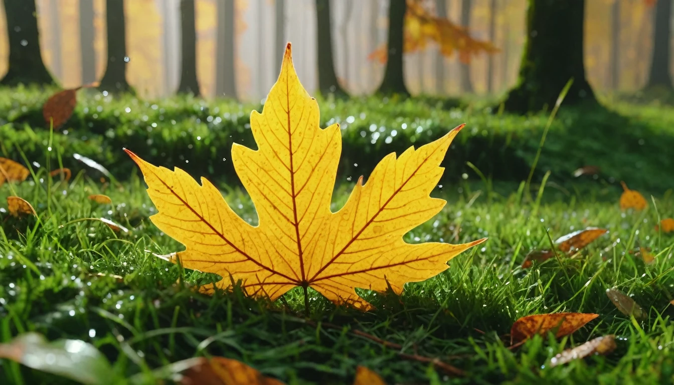 there is a round leaves leaves that is sitting on the grass, magical round leaves falling, nature documentry footage, youtube video screenshot, today's featured photography 4k, autumn rain turkel, nature photography 4k, november, cinematic widescreen shot, leaves and magic, high quality screenshot, 2 0 2 1 cinematic 4 k framegrab, wide screenshot