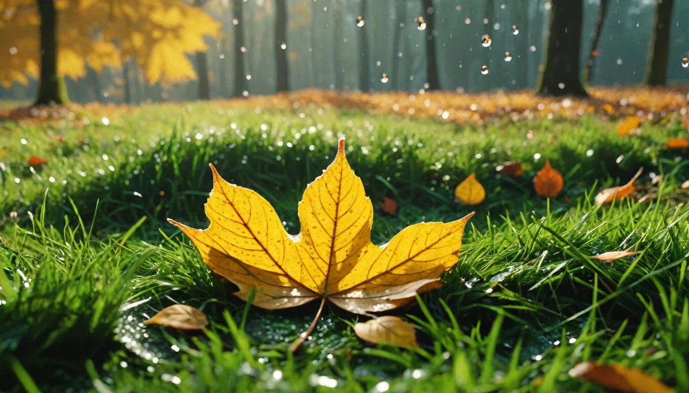 there is a round leaves leaves that is sitting on the grass, magical round leaves falling, nature documentry footage, youtube video screenshot, today's featured photography 4k, autumn rain turkel, nature photography 4k, november, cinematic widescreen shot, leaves and magic, high quality screenshot, 2 0 2 1 cinematic 4 k framegrab, wide screenshot