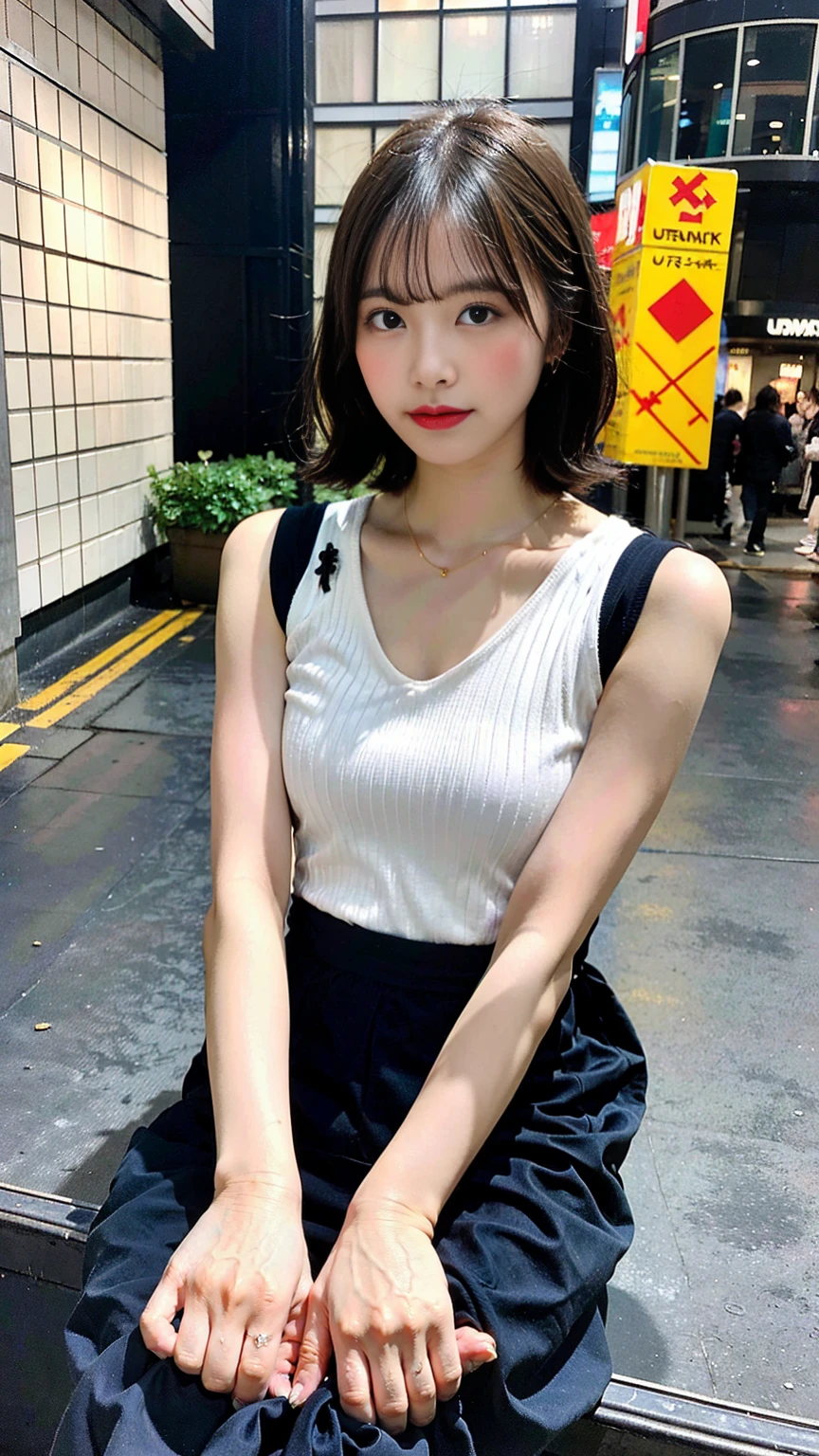 (Highest quality, 8K, 32k, masterpiece, Ultra-high resolution: 1.2), Cute Japanese Women Photos, Very short bob hair, whole body, Extra Large_one piece, necklace, Simple Background,(Film aesthetics:1.4) Bokeh urban night photo of a beautiful fashion model、Model pose including feet
