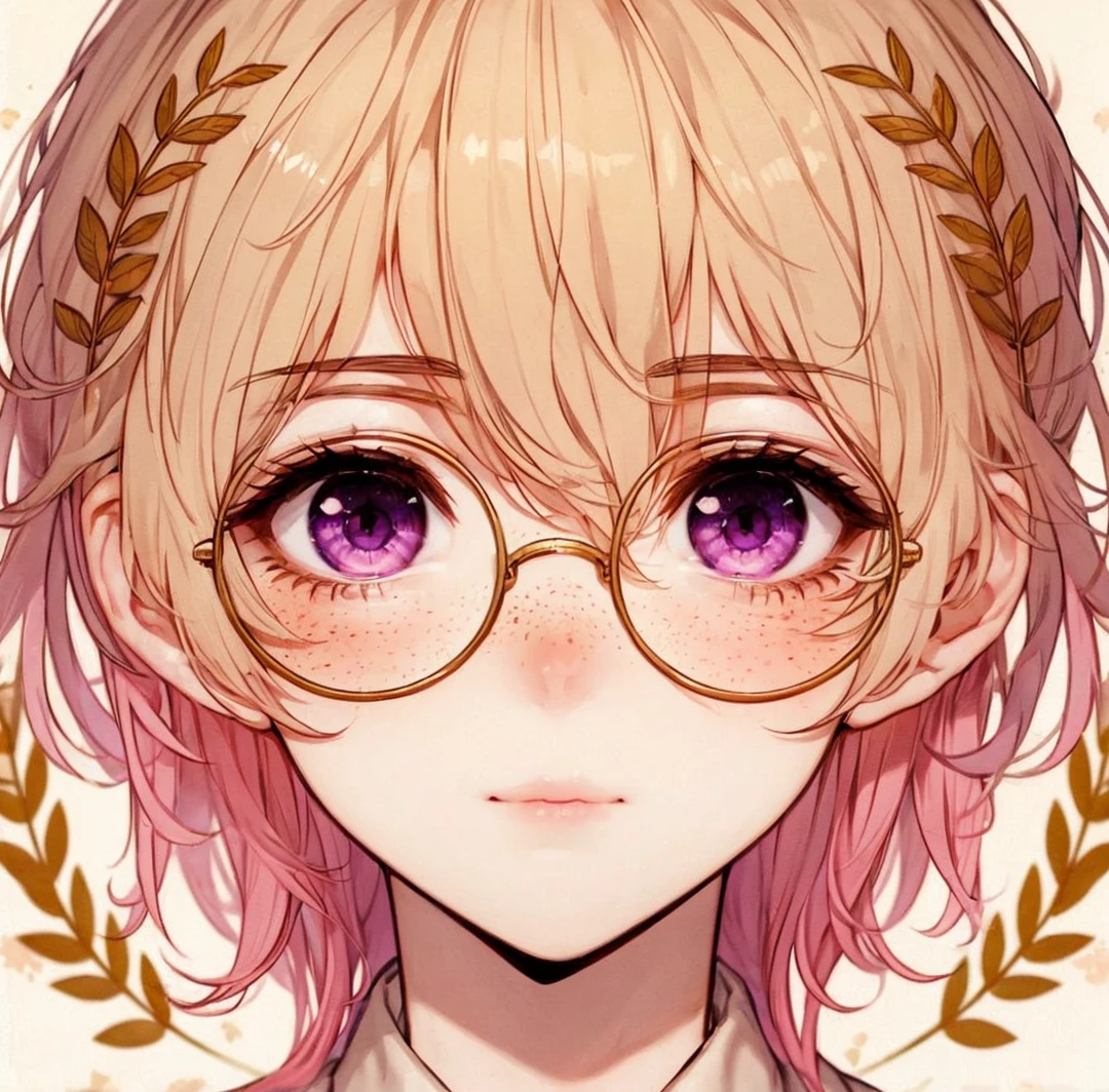 Boy with feminine features with slightly short blonde hair with bangs that cover his right eye and two pink strands, freckles around her cheeks and nose, with purple eyes and oval glasses and a golden laurel wreath