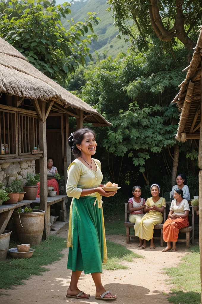 He is surrounded by village women, who are laughing and pretending to scold him as he reaches for a pot of butter hanging from the ceiling. In the background, there are lush green fields, traditional village huts, and cows grazing peacefully. The scene is vibrant, joyful, and full of life, capturing the essence of Little Krishna's playful nature."