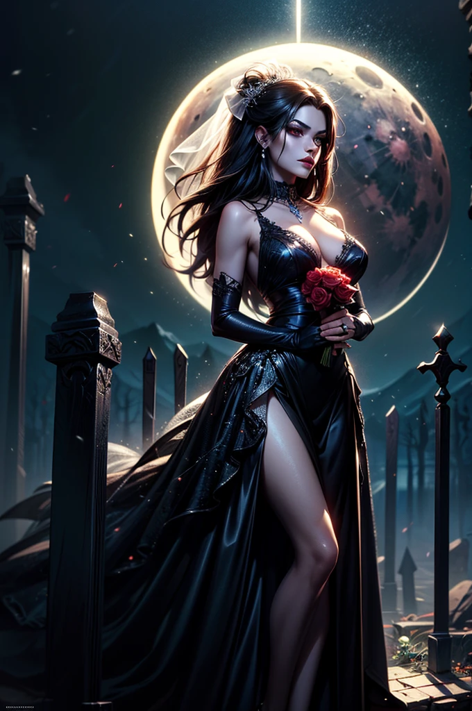 In the night graveyard near the open coffin standing beatiful pale bride female, she have pale skin, beatiful face with silver eyes dark red lipstick black eyeshadows and black tear trace on her face, her haie is black as the darkest night, she dressed in old wedding dress with holes and blood stains and bare feets, in her hands she holding withered black rose bouquet, she have greennish glow aura around her, there is blood moon in the sky,(ultra high quality fantasy art, ghothic dark fantasy style, masterpiece, ultra high quality character design, 8k quality anime art, realistic anime art, top quality wallpaper illustration, detailed ultra high quality accurate face, high quality design and accurate physic)
