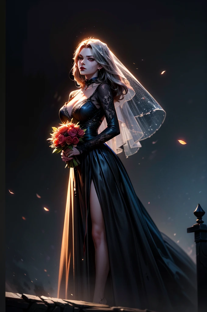 In the night graveyard near the open coffin standing beatiful pale bride female, she have pale skin, beatiful face with silver eyes dark red lipstick black eyeshadows and black tear trace on her face, her haie is black as the darkest night, she dressed in old wedding dress with holes and blood stains and bare feets, in her hands she holding withered black rose bouquet, she have greennish glow aura around her, there is blood moon in the sky,(ultra high quality fantasy art, ghothic dark fantasy style, masterpiece, ultra high quality character design, 8k quality anime art, realistic anime art, top quality wallpaper illustration, detailed ultra high quality accurate face, high quality design and accurate physic)