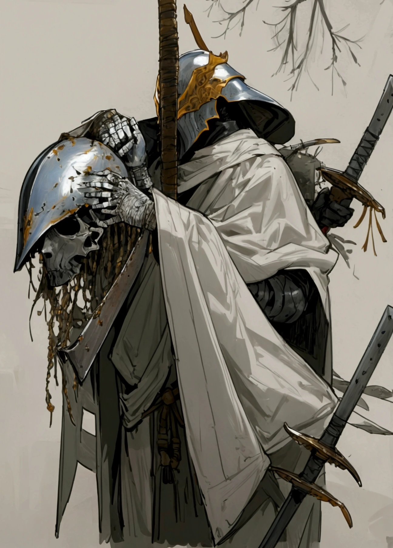 elden ring, dark souls, concept art sheet, items, weapons: Male tungsten armored knights that burn their outer skin because they feel that they are not worthy enough to have such pristine skin as their superiors. They are all covered in bandages and bear circular splints to support their weak bones. The soldiers helmets are filled with a heated wet tree sap and  beeswax mix before their heads are dunked and lowered into the helmets. On top of their heads and faces being scorched, the beeswax and tree sap traps heat inside of the tungsten armor.  Due to the unnatural shape of the helmets, the soldiers end up having to be forced inside, causing immense pain and eventually morphing the face of the teenage soldiers to the shape of the helmet since their traditions require them to never take the armor off.