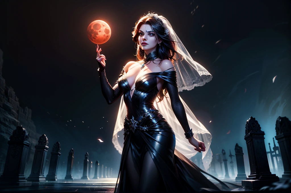 In the night graveyard near the open coffin standing beatiful pale bride female, she have pale skin, beatiful face with silver eyes dark red lipstick black eyeshadows and black tear trace on her face, her haie is black as the darkest night, she dressed in old wedding dress with holes and blood stains and bare feets, in her hands she holding withered black rose bouquet, she have greennish glow aura around her, there is blood moon in the sky,(ultra high quality fantasy art, ghothic dark fantasy style, masterpiece, ultra high quality character design, 8k quality anime art, realistic anime art, top quality wallpaper illustration, detailed ultra high quality accurate face, high quality design and accurate physic)