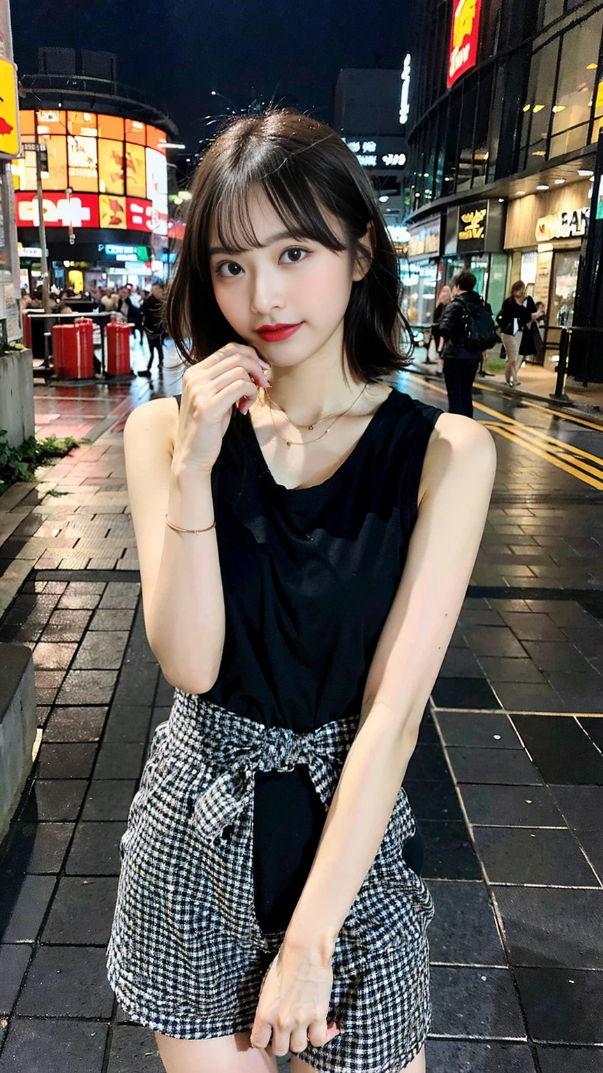 (Highest quality, 8K, 32k, masterpiece, Ultra-high resolution: 1.2), Cute Japanese Women Photos, Very short bob hair, whole body, Extra Large_one piece, necklace, Simple Background,(Film aesthetics:1.4) Bokeh urban night photo of a beautiful fashion model、Model pose including feet
