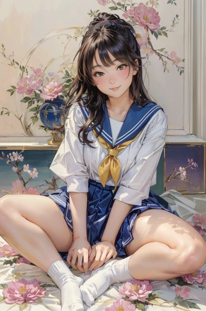 Detailed Background,Art Deco,Beautiful landscape painting,Botanical Art,Flower Art,(Floral:1.2), (masterpiece, Highest quality),Vibrant colors,colorful, Highest quality, Amazing details, Anatomically correct, Line art, Written boundary depth,Flat Shading,Bokeh, 床に座っているSailor suitを着たアラフェッドのアジア人女性, ((White socks)), Japan Girls' Uniform, Japanese , Japaneseの習得 , seifuku, Cute school girl, Strike a Pose, Young and cute gravure idol, Young Gravure Idol, Sailor suit, Young Japanese Girl, narumi kakinouchi, realistic Young Gravure Idol