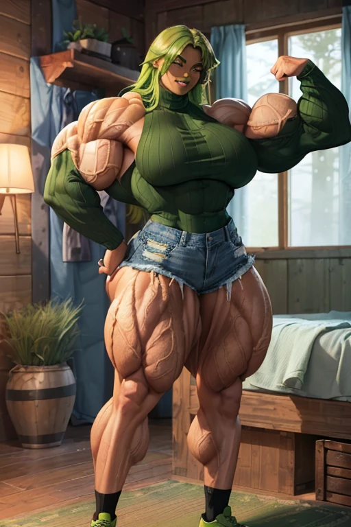 (((((Massive tall beautiful, buff, light brown skinned muscular woman with green hair, black lipstick, ginormous bulky muscles, flexing and wearing a green long sleeve turtleneck sweater and beautiful denim shorts))))), (close view), massive muscles, massive biceps, hyper muscle shoulders, hyper muscle triceps, (long curvy hair), orange eyes, (((green long sleeve turtleneck sweater))), ((beautiful denim shorts)), (socks and sneakers), (sensual smile), (in a cabin at night), hyper muscles arms, hyper muscle legs, massive arms