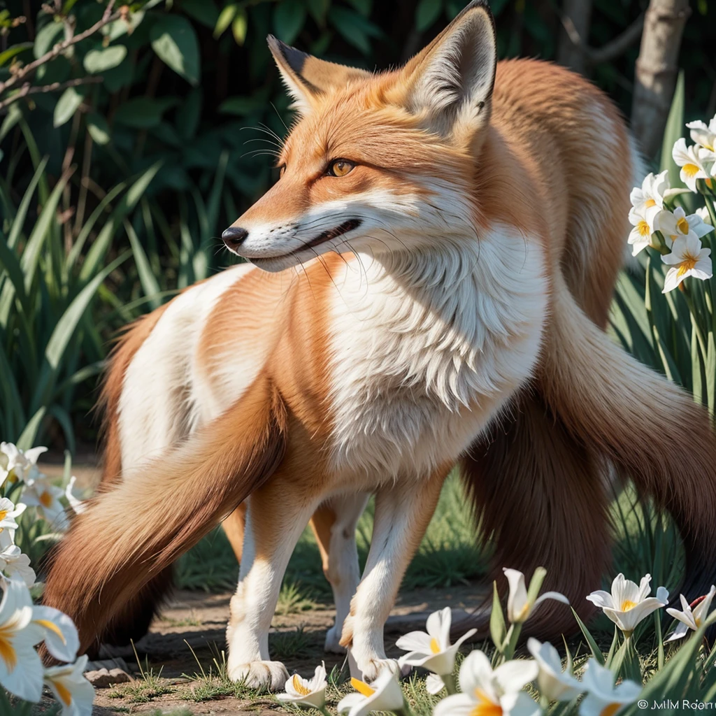 red fox, white, bright red irises, ultra cute, gigantic tail, biped, with human features