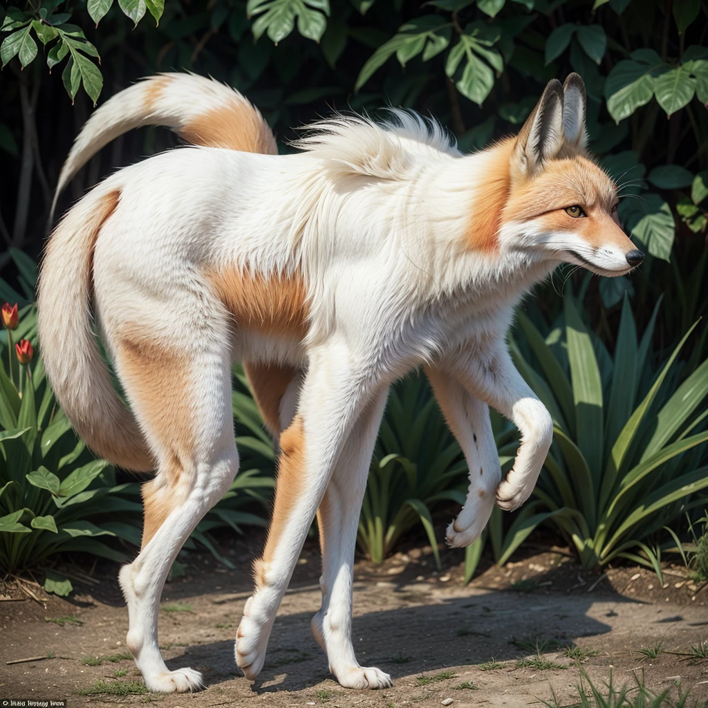 red fox, white,  bright red irises, ultra cute, gigantic tail, biped, with human features