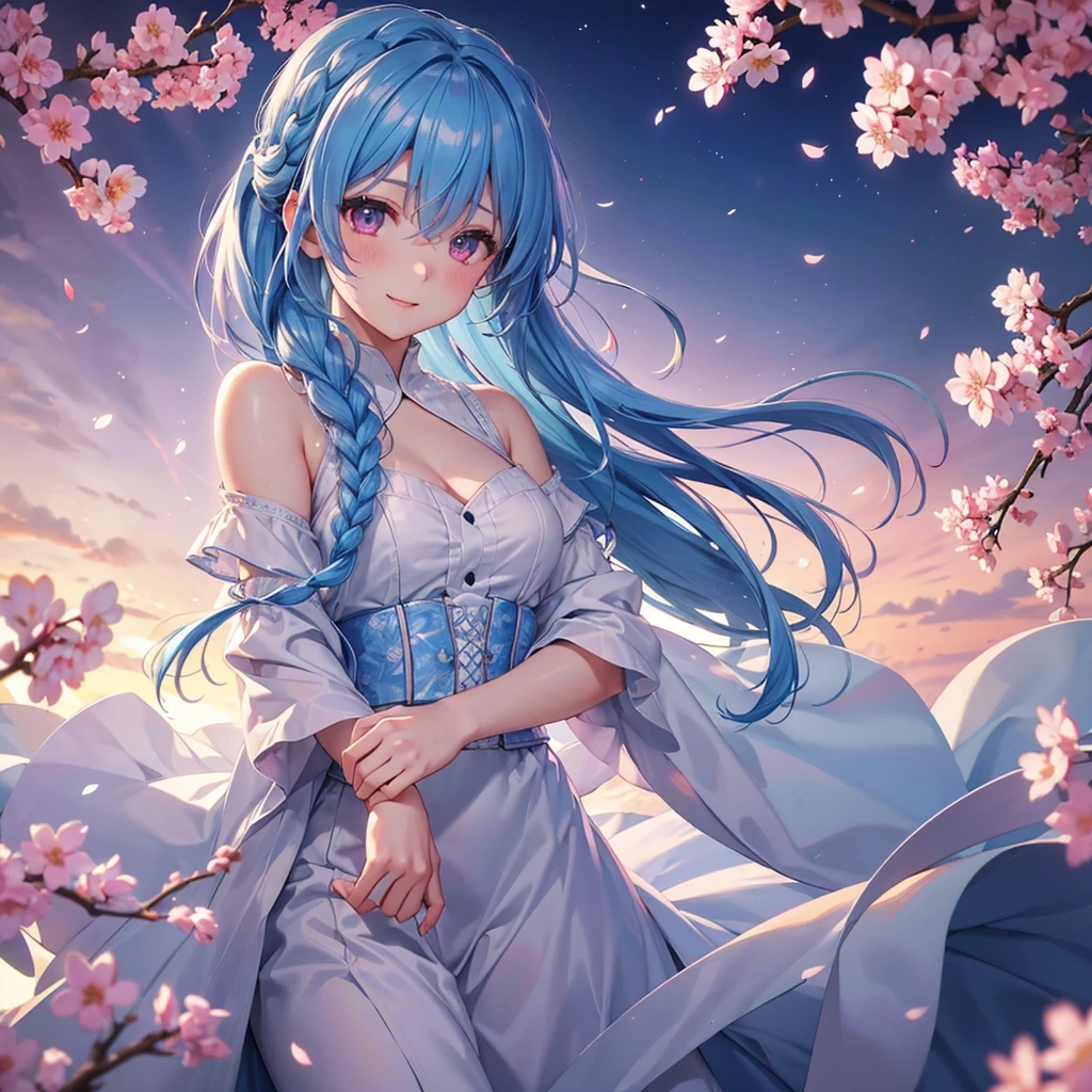 (Sky blue medium hair),(Braided hair tied together)、Pink eyes、Fair skin、(whole body)、(One Girl)、(suit)、Cherry Blossoms at Night、A big smile、、(masterpiece、Highest quality、Very detailed、Best Shadow)、(Detailed Background)、(Beautifully detailed face)、High contrast、(Best lighting、Very delicate and beautiful)、((Cinematic Light))、colorful、Hyper Detail、Dramatic Light、Exquisite detail、