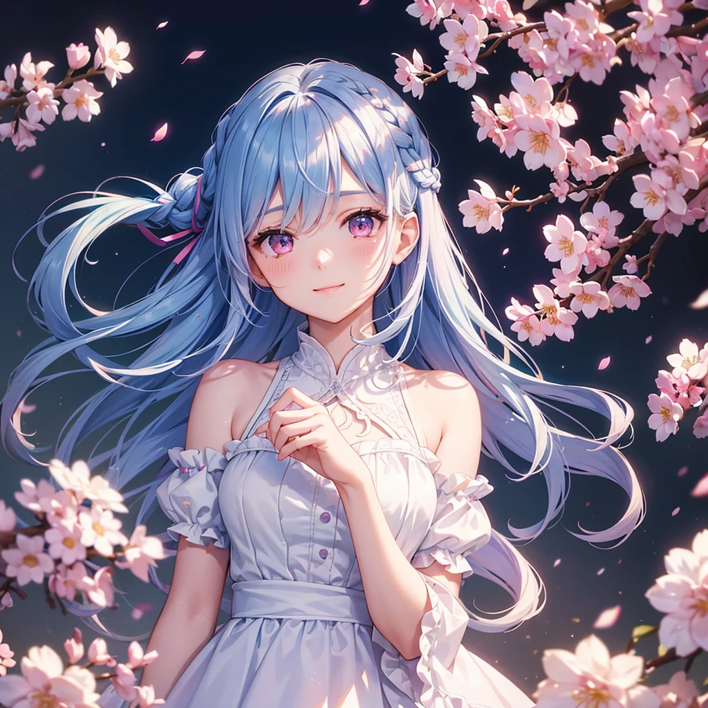 (Sky blue medium hair),(Braided hair tied together)、Pink eyes、Fair skin、(whole body)、(One Girl)、(suit)、Cherry Blossoms at Night、A big smile、、(masterpiece、Highest quality、Very detailed、Best Shadow)、(Detailed Background)、(Beautifully detailed face)、High contrast、(Best lighting、Very delicate and beautiful)、((Cinematic Light))、colorful、Hyper Detail、Dramatic Light、Exquisite detail、