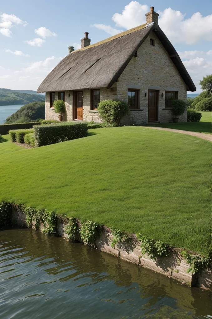 big thatched farmhouse stood at the verge of a small plateau overlooking a bay and was hemmed in on three sides by thickly wooded summits. From its outer verge the land sloped down in a huge green concavity, as if scooped out, to the edge of the water; and the whole of this slope, some three quarters of a mile long, was so terraced as to look, when viewed from the open sea