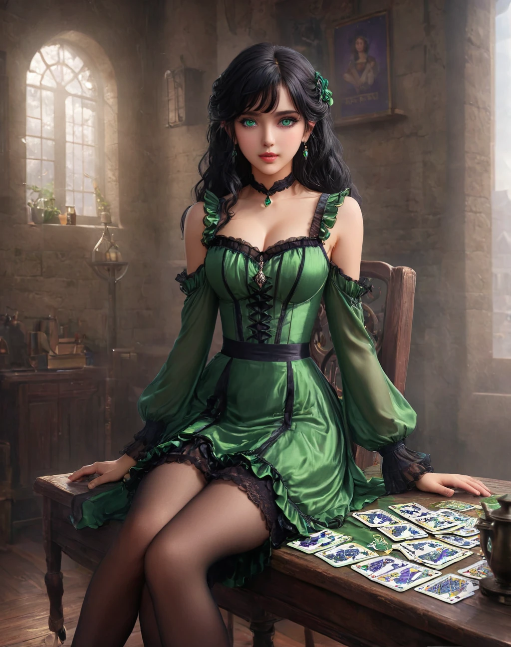 aughter of severus anape, 9-t-old lack hair, green eyes,（ultra best quality、in 8K、masuter piece、delicate illustration）,(best quality,4k,8k,highres,masterpiece:1.2),ultra-detailed,realistic,portrait of a beautiful, girl，tarot cards，Purple，Short dress，Ruffles，Double tail