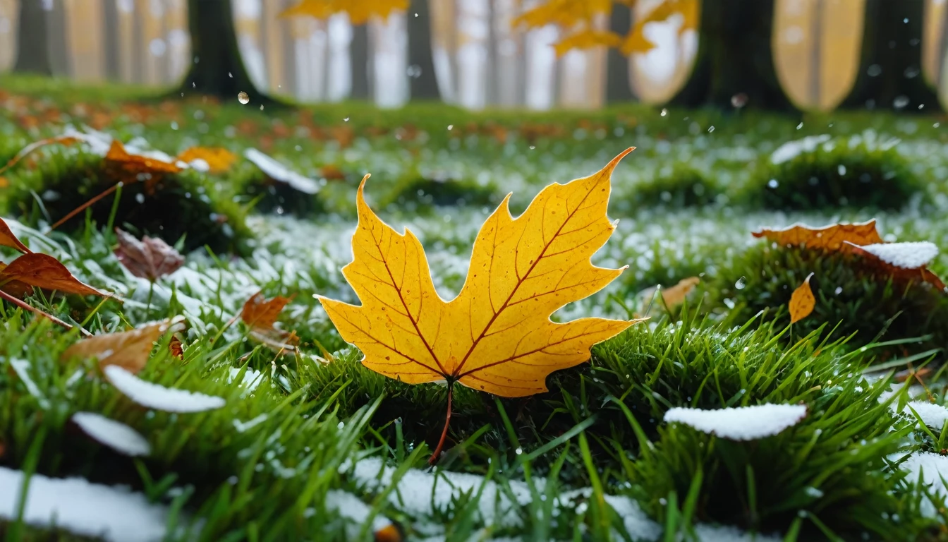 there is a round leaves that is sitting on the grass, magical round leaves leaves falling, snow is falling thinly,nature documentry footage, youtube video screenshot, today's featured photography 4k, autumn rain turkel, nature photography 4k, november, cinematic widescreen shot, leaves and magic, high quality screenshot, 2 0 2 1 cinematic 4 k framegrab, wide screenshot