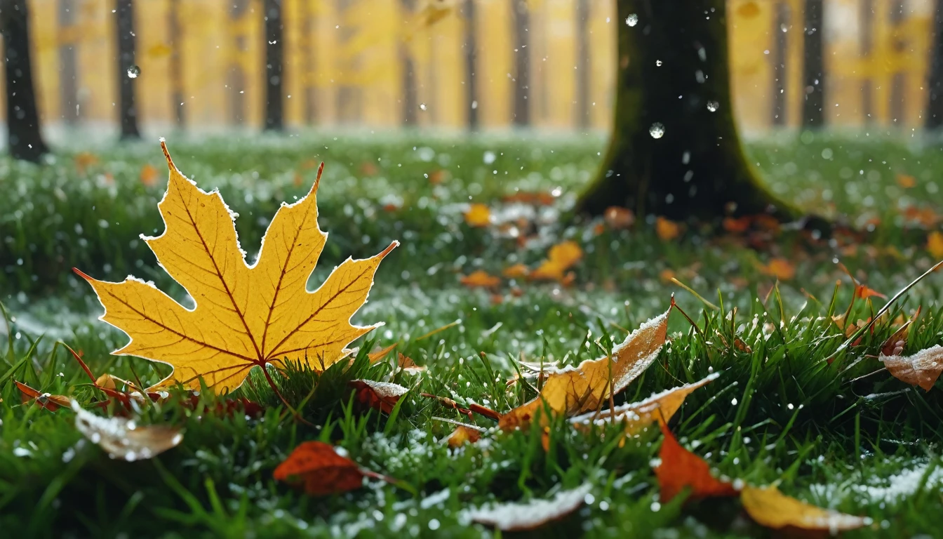 there is a round leaves that is sitting on the grass, magical round leaves leaves falling, snow is falling thinly,nature documentry footage, youtube video screenshot, today's featured photography 4k, autumn rain turkel, nature photography 4k, november, cinematic widescreen shot, leaves and magic, high quality screenshot, 2 0 2 1 cinematic 4 k framegrab, wide screenshot