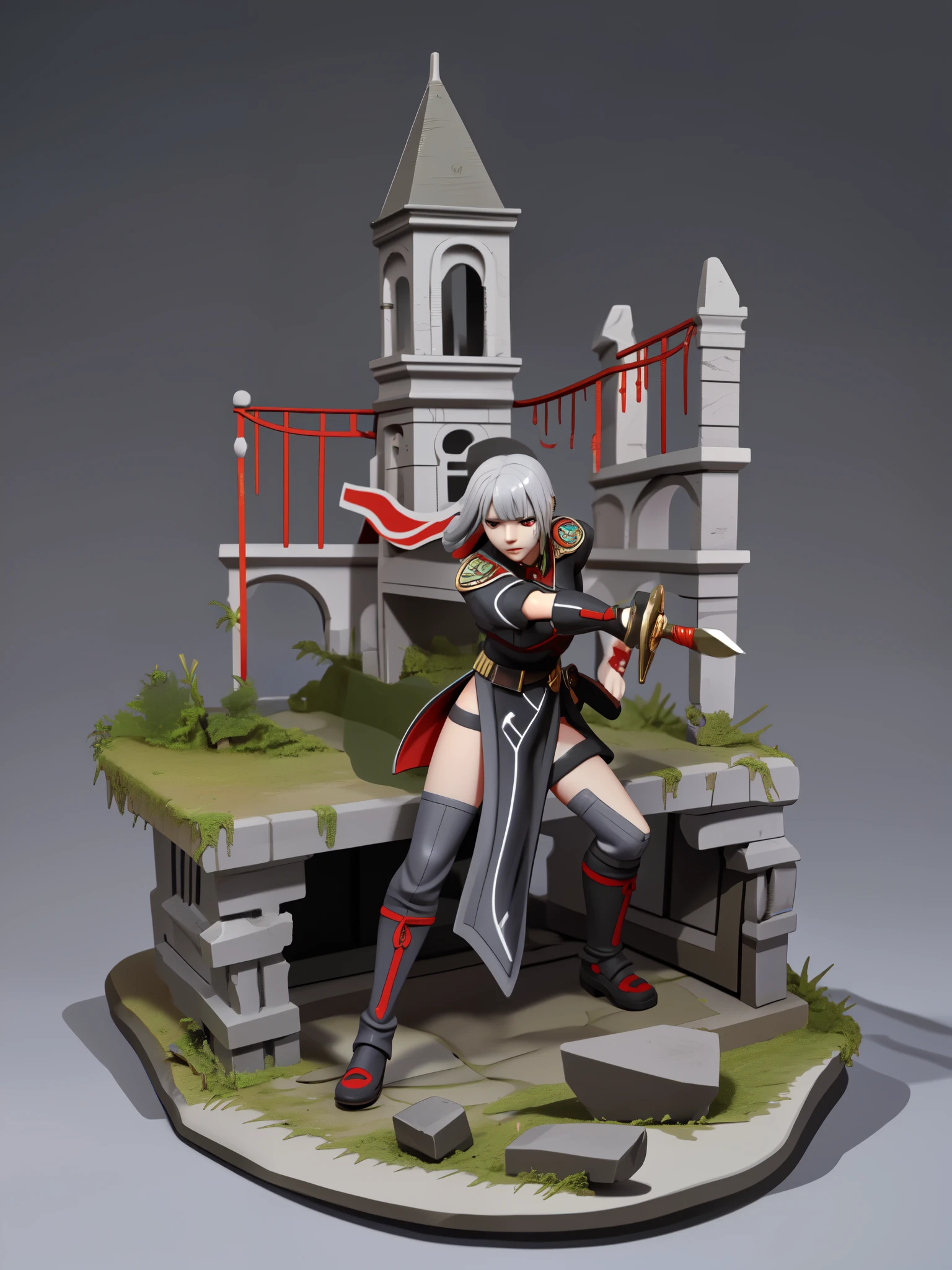 Tabletop Figures, Miniature, The face is precise(((must))), A Russian girl in her early 20s with ash grey hair, Fully equipped with jet black, state-of-the-art protectors, A brave pose brandishing a beautifully decorated long sword, The background is a diorama of ruins.