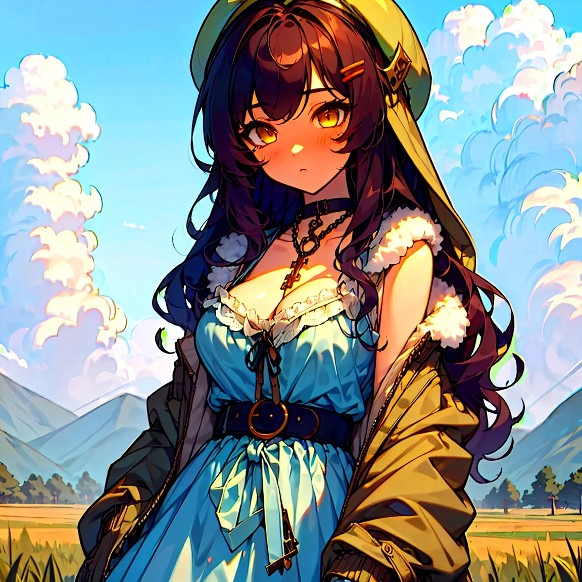 (masterpiece:1.2), (high quality:1.2), girls with((1girl, solo, black hair, yellow eyes, (wavy long hair, red beret, hairclips:1.3), blush, breasts, choker, cleavage, coat, cowboy shot, blue lace dress, camisole, ribbon waist belt, black ribbon belt, red bow, red ribbon, neck ribbon, collar, collarbone, rosary, rosary choker, cross, fur, fur trim, parka, khaki hoodie, green hoodie, khaki jacket, hood down, hooded coat, hooded jacket, hoodie, jacket, large breasts, long sleeves, medium breasts, open clothes, open coat,open hoodie, sleeveless, winter clothes, zipper, cleavage, upper body)), background with((architecture, blue sky, bush, castle, village, no humans, cloud, cloudy sky, day, field, garden, grass, hill, house, lamppost, landscape, mountain, mountainous horizon, nature, no humans, outdoors, scenery, shrine, sky))