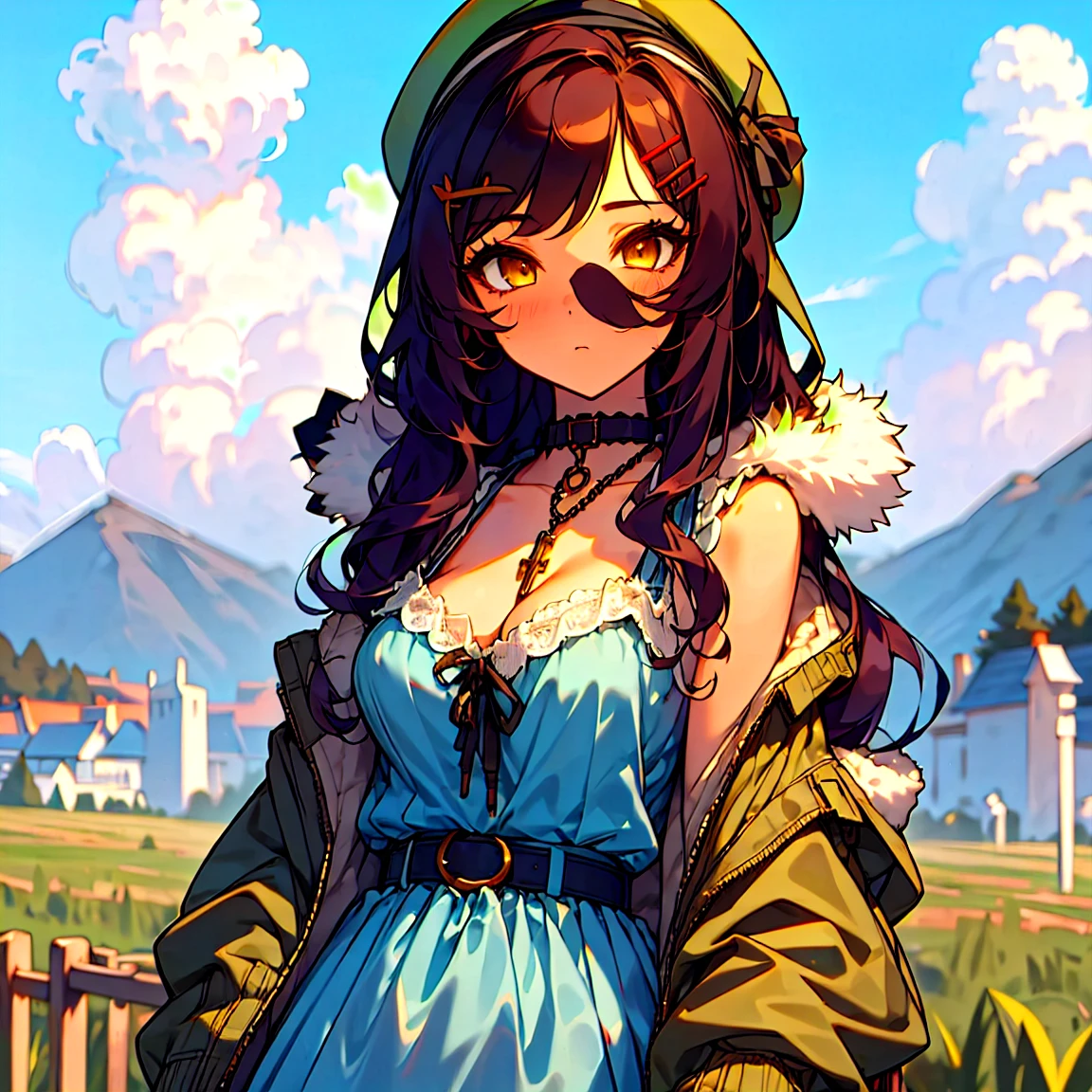 (masterpiece:1.2), (high quality:1.2), girls with((1girl, solo, black hair, yellow eyes, (wavy long hair, red beret, hairclips:1.3), blush, breasts, choker, cleavage, coat, cowboy shot, blue lace dress, camisole, ribbon waist belt, black ribbon belt, red bow, red ribbon, neck ribbon, collar, collarbone, rosary, rosary choker, cross, fur, fur trim, parka, khaki hoodie, green hoodie, khaki jacket, hood down, hooded coat, hooded jacket, hoodie, jacket, large breasts, long sleeves, medium breasts, open clothes, open coat,open hoodie, sleeveless, winter clothes, zipper, cleavage, upper body)), background with((architecture, blue sky, bush, castle, village, no humans, cloud, cloudy sky, day, field, garden, grass, hill, house, lamppost, landscape, mountain, mountainous horizon, nature, no humans, outdoors, scenery, shrine, sky))