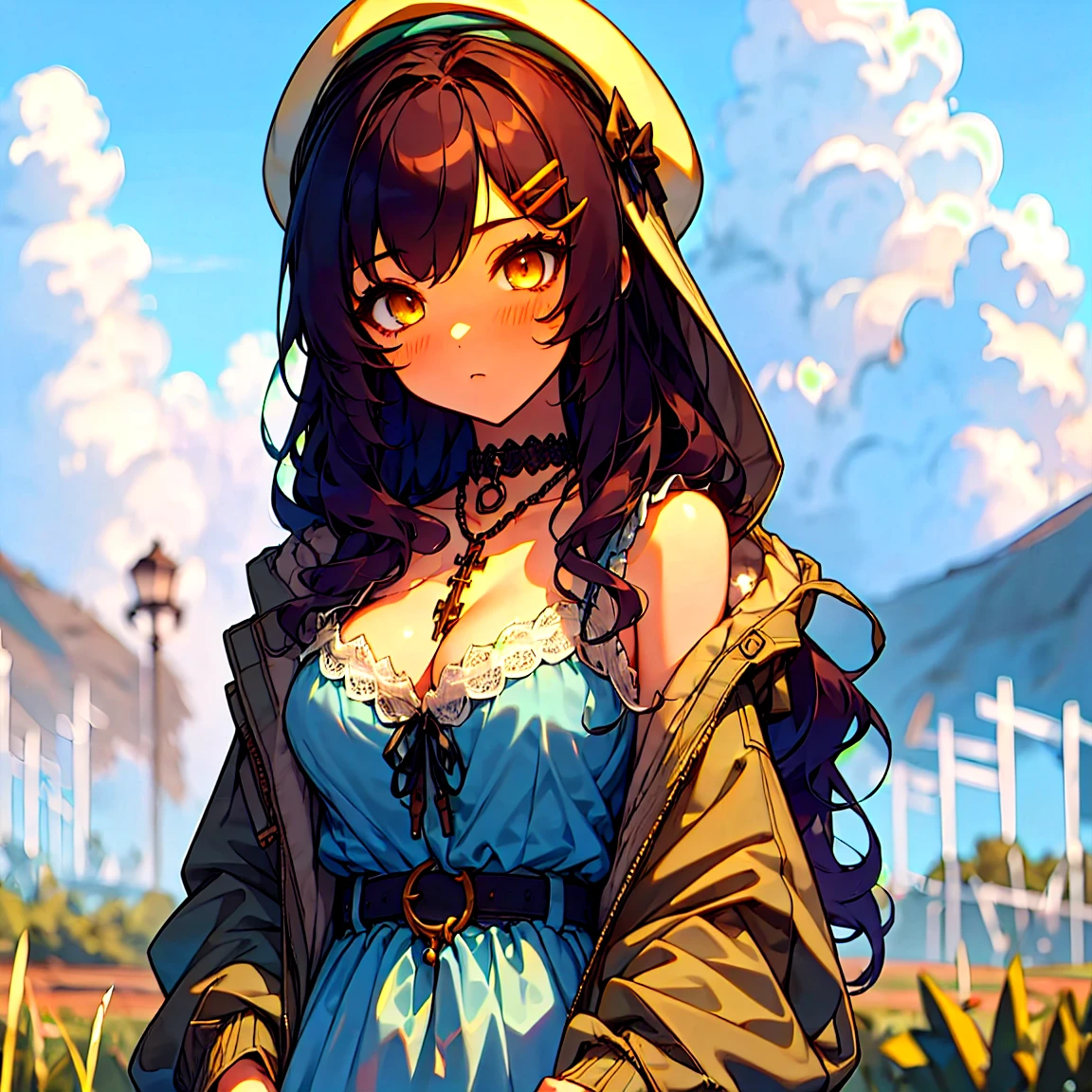 (masterpiece:1.2), (high quality:1.2), girls with((1girl, solo, black hair, yellow eyes, (wavy long hair, red beret, hairclips:1.3), blush, breasts, choker, cleavage, coat, cowboy shot, blue lace dress, camisole, ribbon waist belt, black ribbon belt, red bow, red ribbon, neck ribbon, collar, collarbone, rosary, rosary choker, cross, fur, fur trim, parka, khaki hoodie, green hoodie, khaki jacket, hood down, hooded coat, hooded jacket, hoodie, jacket, large breasts, long sleeves, medium breasts, open clothes, open coat,open hoodie, sleeveless, winter clothes, zipper, cleavage, upper body)), background with((architecture, blue sky, bush, castle, village, no humans, cloud, cloudy sky, day, field, garden, grass, hill, house, lamppost, landscape, mountain, mountainous horizon, nature, no humans, outdoors, scenery, shrine, sky))