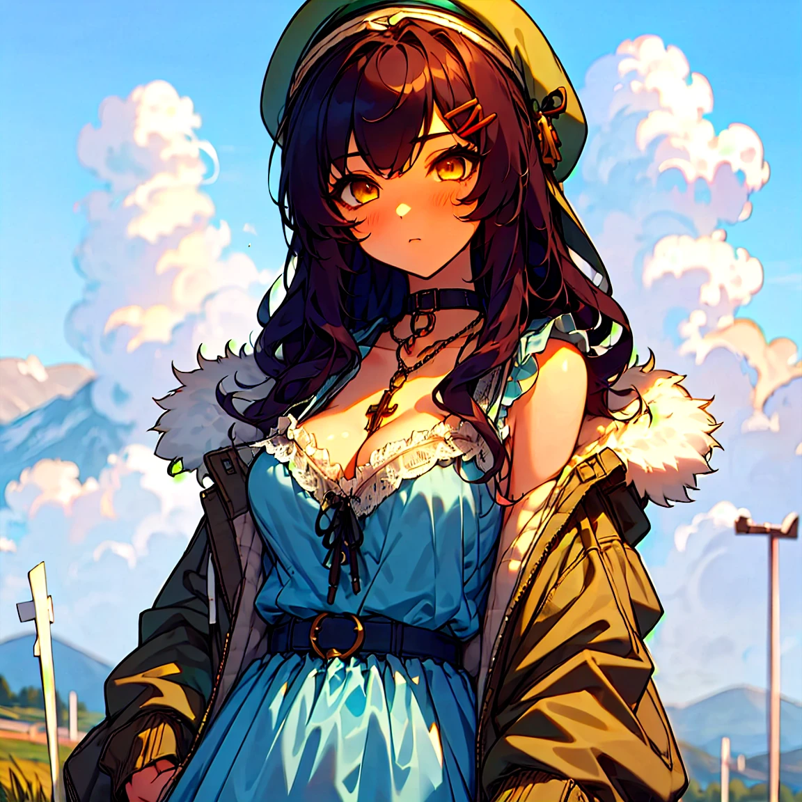 (masterpiece:1.2), (high quality:1.2), girls with((1girl, solo, black hair, yellow eyes, (wavy long hair, red beret, hairclips:1.3), blush, breasts, choker, cleavage, coat, cowboy shot, blue lace dress, camisole, ribbon waist belt, black ribbon belt, red bow, red ribbon, neck ribbon, collar, collarbone, rosary, rosary choker, cross, fur, fur trim, parka, khaki hoodie, green hoodie, khaki jacket, hood down, hooded coat, hooded jacket, hoodie, jacket, large breasts, long sleeves, medium breasts, open clothes, open coat,open hoodie, sleeveless, winter clothes, zipper, cleavage, upper body)), background with((architecture, blue sky, bush, castle, village, no humans, cloud, cloudy sky, day, field, garden, grass, hill, house, lamppost, landscape, mountain, mountainous horizon, nature, no humans, outdoors, scenery, shrine, sky))