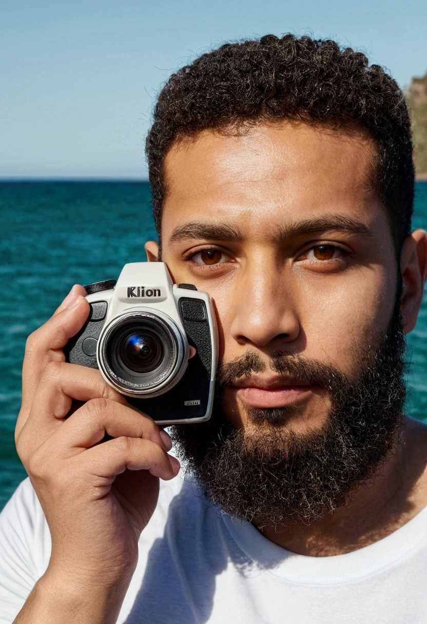 Light-skinned man with a closed beard and brown eyes taking a photo at the sea