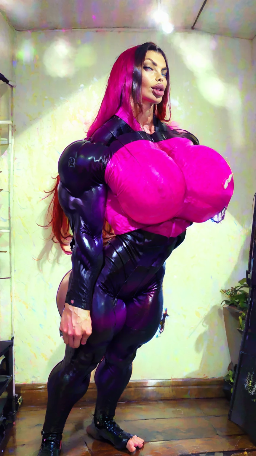 (beautiful girl:1.25), (megan fox:1.25), (large fake :1.45), (young bodybuilder girl wearing cybernetic muscle suit:1.25), (huge muscular arms:1.25), seductive face, mouth wide open carnage style, long red hair, perfect muscular body, super skinny legs, sissy, y, (full body view:1.25),