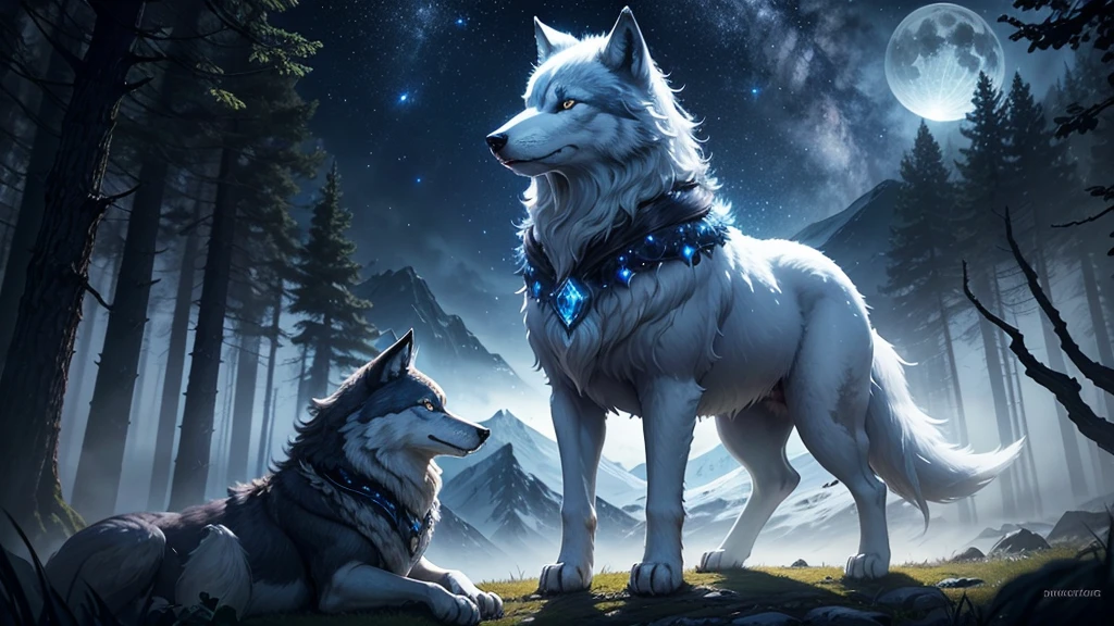 Envision a majestic wolf standing atop a mist-covered mountain, its fur shimmering with ethereal hues of silver and blue. The wolf's eyes glow with an ancient wisdom, reflecting the stars above. Surround it with a swirling aura of magical energy, as if it’s the guardian of the night. In the background, ethereal trees whisper secrets, and a crescent moon casts a soft glow, enhancing the mystical atmosphere. Capture the essence of this mythical creature, blending nature and magic in a breathtaking scene